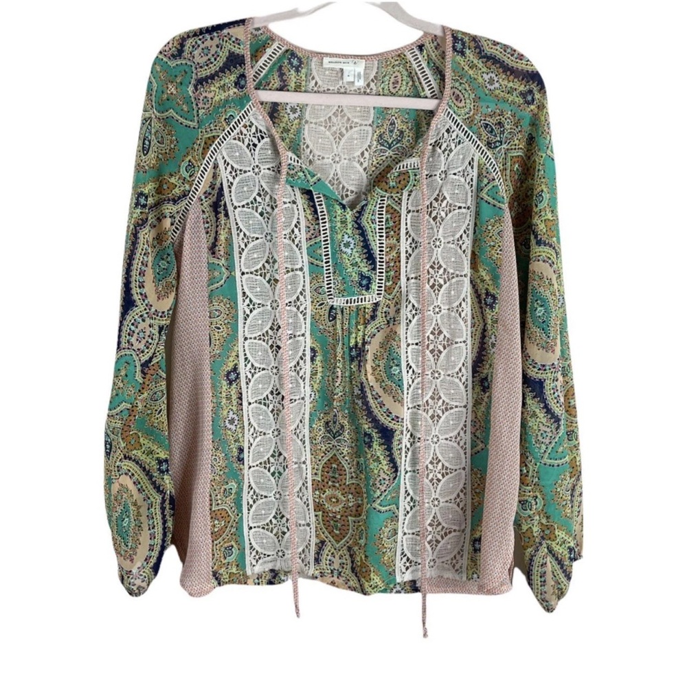 ANTHROPOLOGIE MEADOW RUE womens S Green Giada floral print crochet peasant top